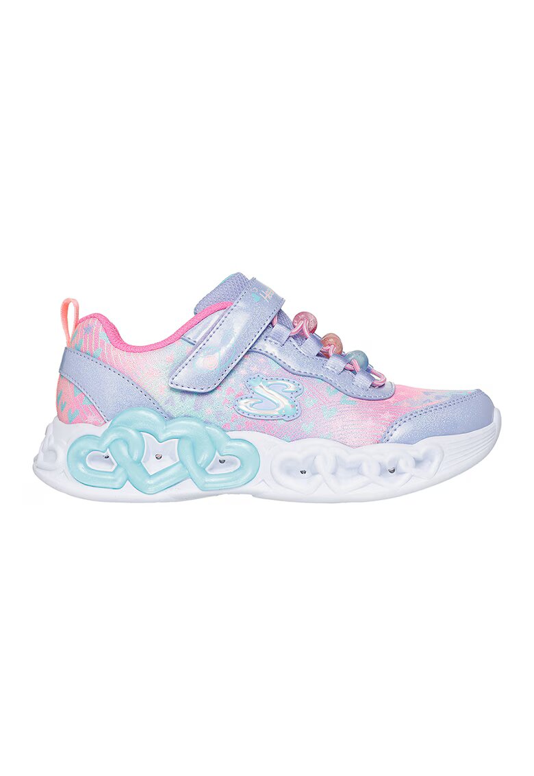 Skechers Pantofi sport Infinite Love cu talismane inima si LED-uri - Albastru prafuit/Roz pastel/Alb optic