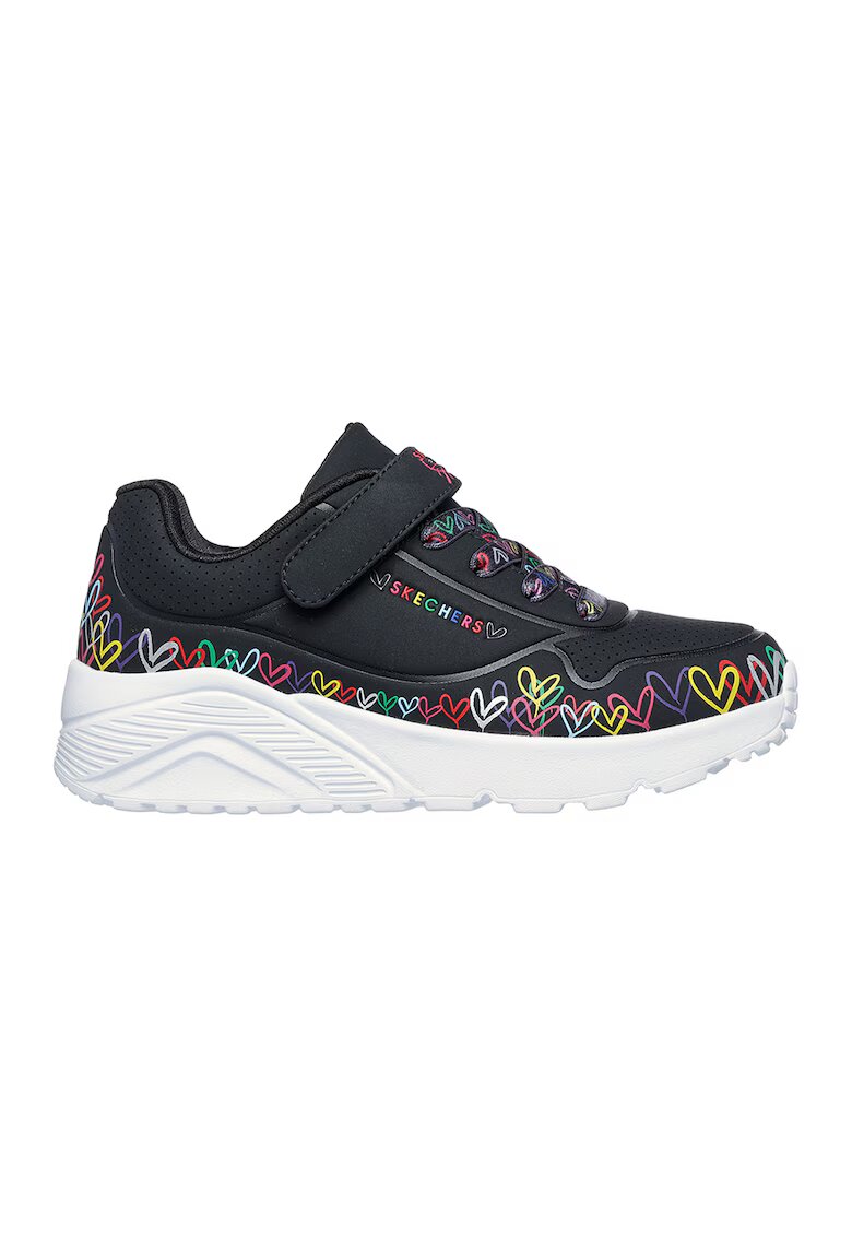 Skechers Pantofi sport Uno Lite- Heart Craze de piele ecologica cu model cu inimi - Negru/Galben/Alb optic