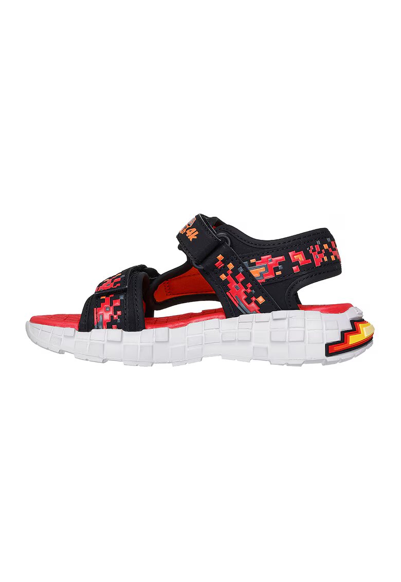 Skechers Sandale Mega Craft cu velcro si talpa plata - Negru/Portocaliu