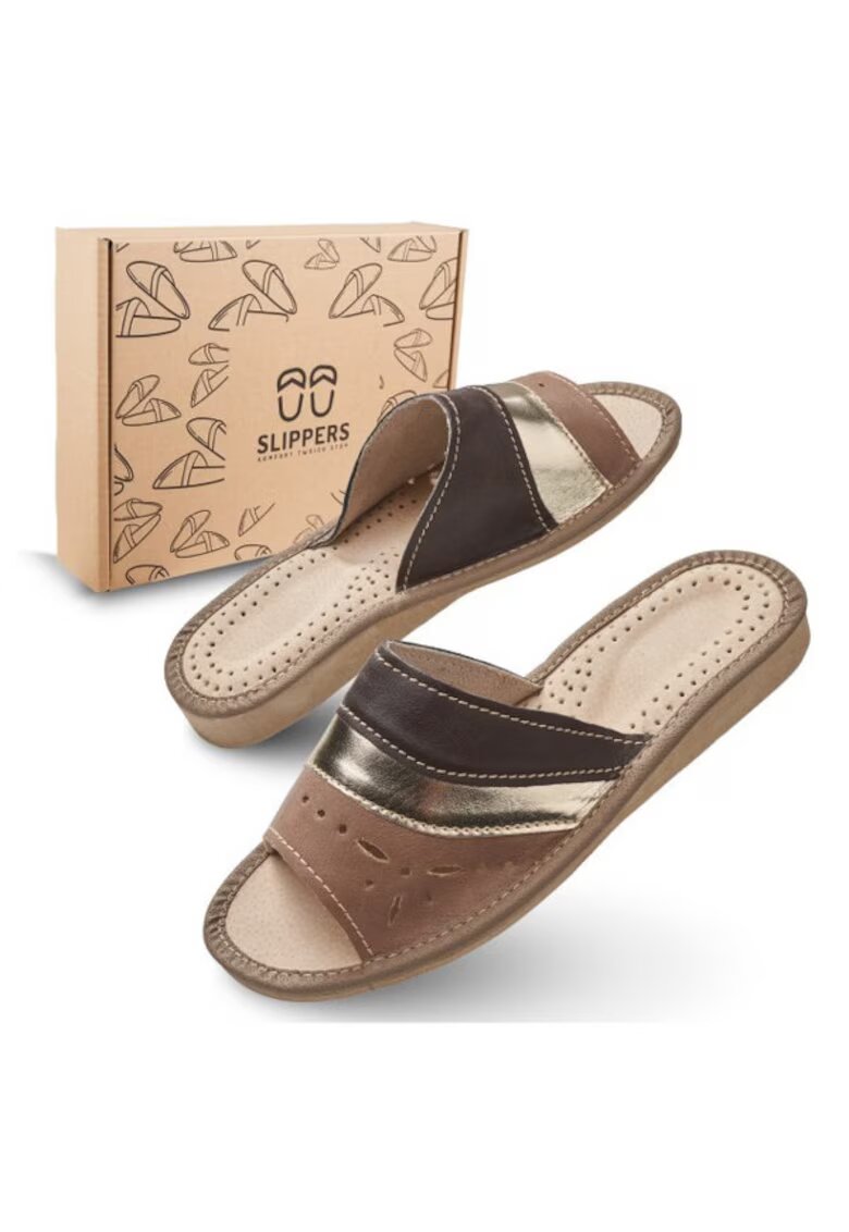 Slippers Slapi de dama - SLIP117 - pentru casa - maro cu bareta aurie - confortabili - in cutie ecologica - marimea
