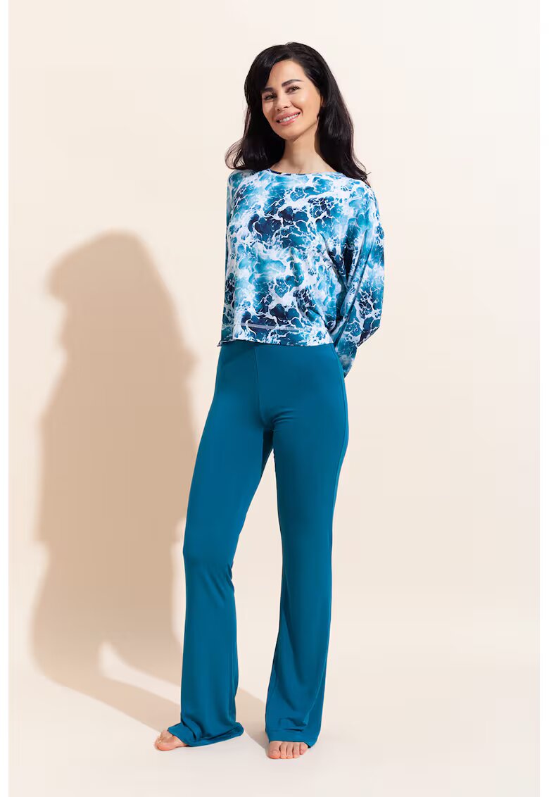 Sofiaman Bluza de pijama din amestec de modal si colanti evazati Aria - Alb/Albastru petrol