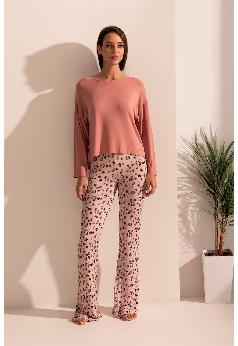Sofiaman Bluza de pijama din amestec de modal si colanti evazati Aria - Roz somon