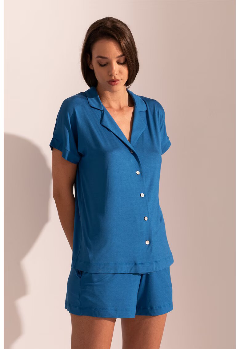 Sofiaman Pijama din amestec de micromodal cu pantaloni scurti si revere decupate Cameron - Albastru inchis