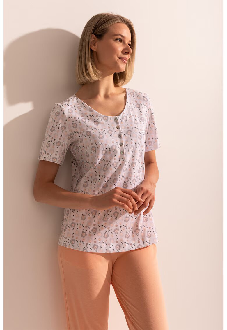 Sofiaman Pijama din bumbac cu pantaloni scurti si imprimeu - Alb/Portocaliu pal