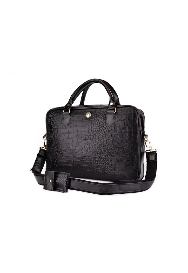 Solier Geanta de laptop din piele FL24 Venice - neagra cu motiv animalier