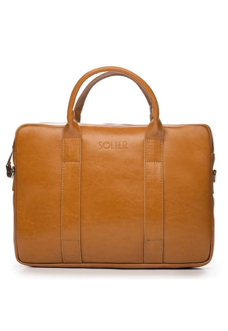 Solier Geanta laptop Edynburg din piele naturala maro camel