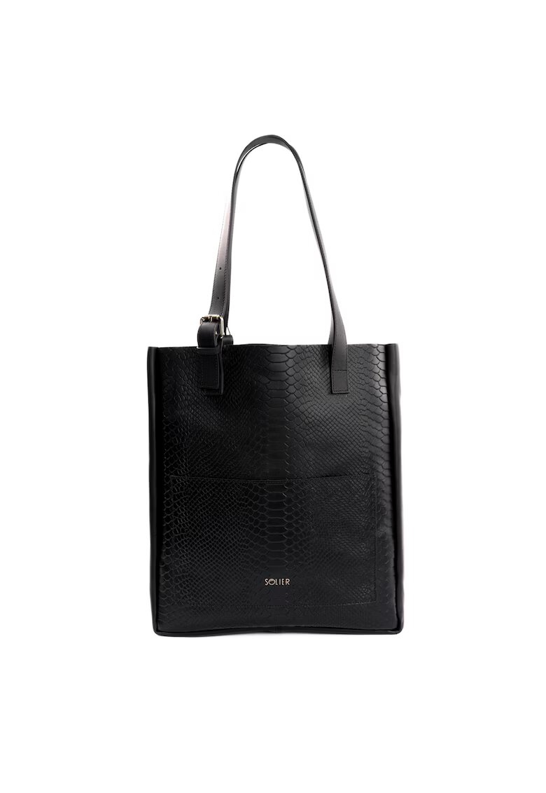 Solier Geanta shopper din piele pentru femei FL27 Fiore - neagra cu imprimeu sarpe
