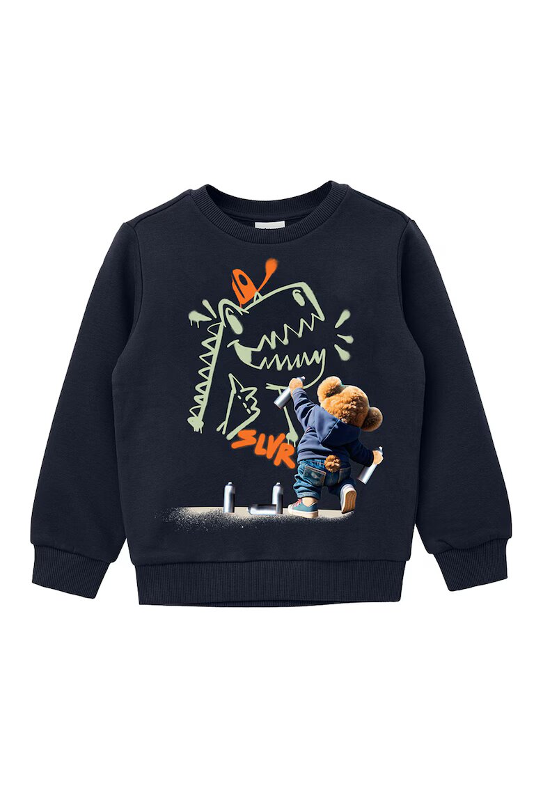 sOliver Bluza de trening din amestec de bumbac cu imprimeu grafic - Albastru ultramarin/Portocaliu mandarina/Verde pal