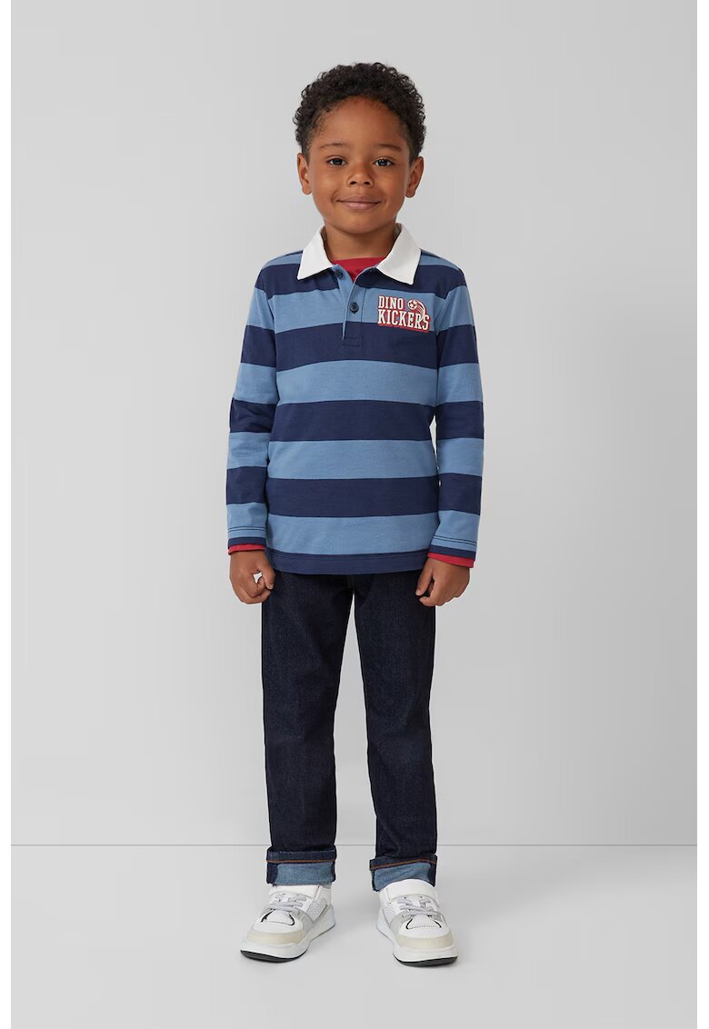 sOliver Bluza polo cu imprimeu text si dungi - Albastru prafuit/Bleumarin