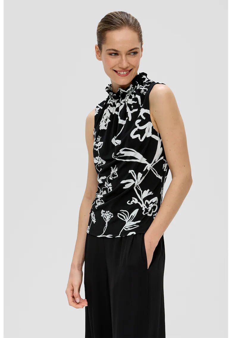 sOliver Top slim fit cu model floral - Alb/Negru
