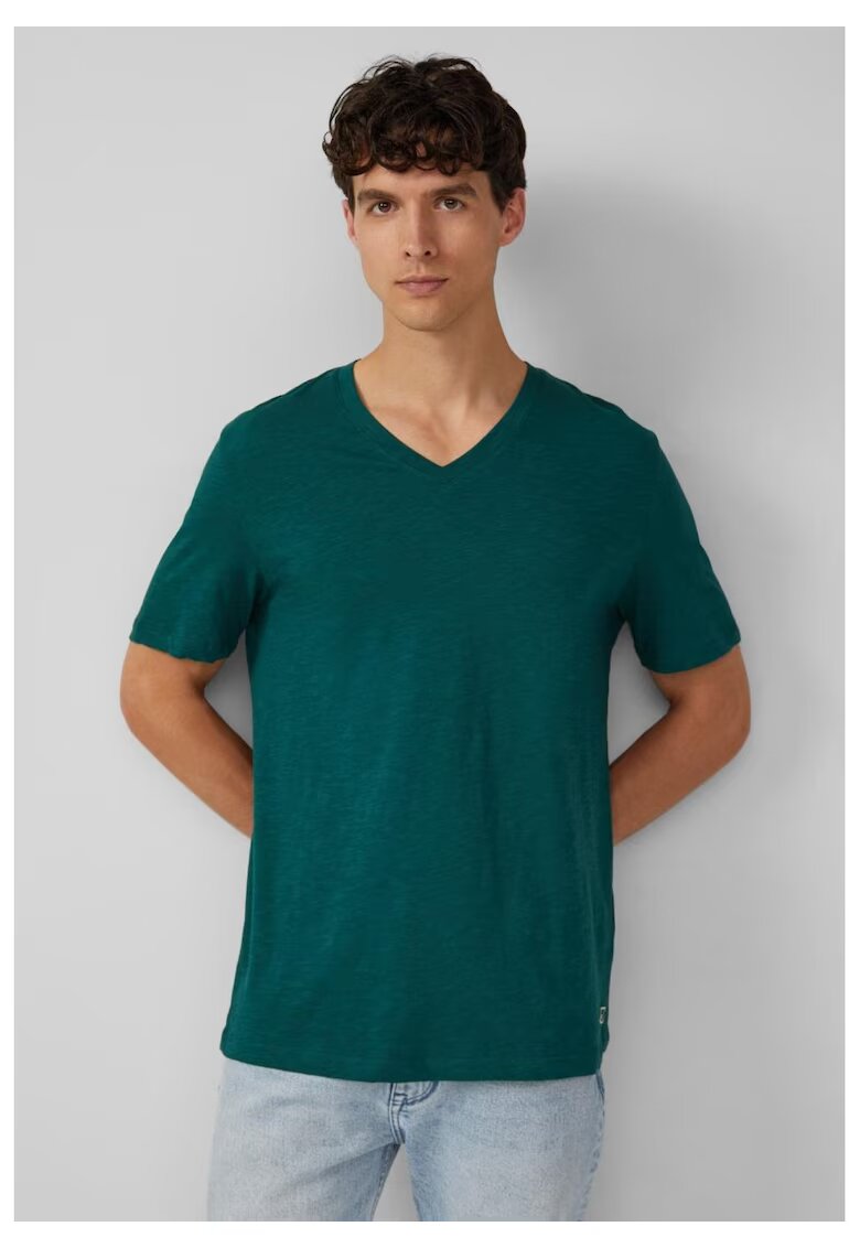 sOliver Tricou barbati cu decolteu in V - Regular fit - din bumbac - Verde inchis - Verde inchis