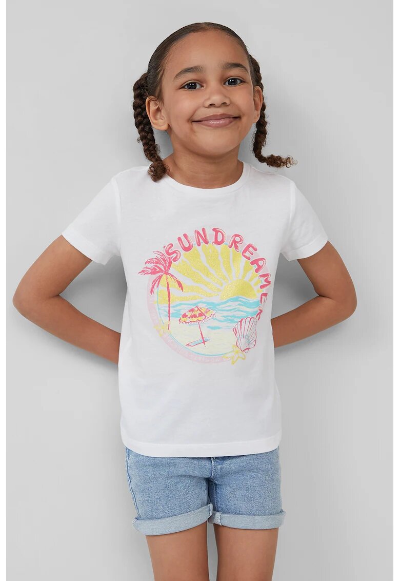 sOliver Tricou cu decolteu la baza gatului - model grafic si imprimeu text - Roz pastel/Galben pal/Alb optic