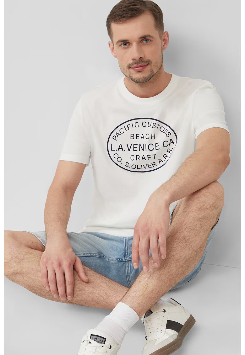 sOliver Tricou cu decolteu la baza gatului si imprimeu text - Alb optic/Bleumarin