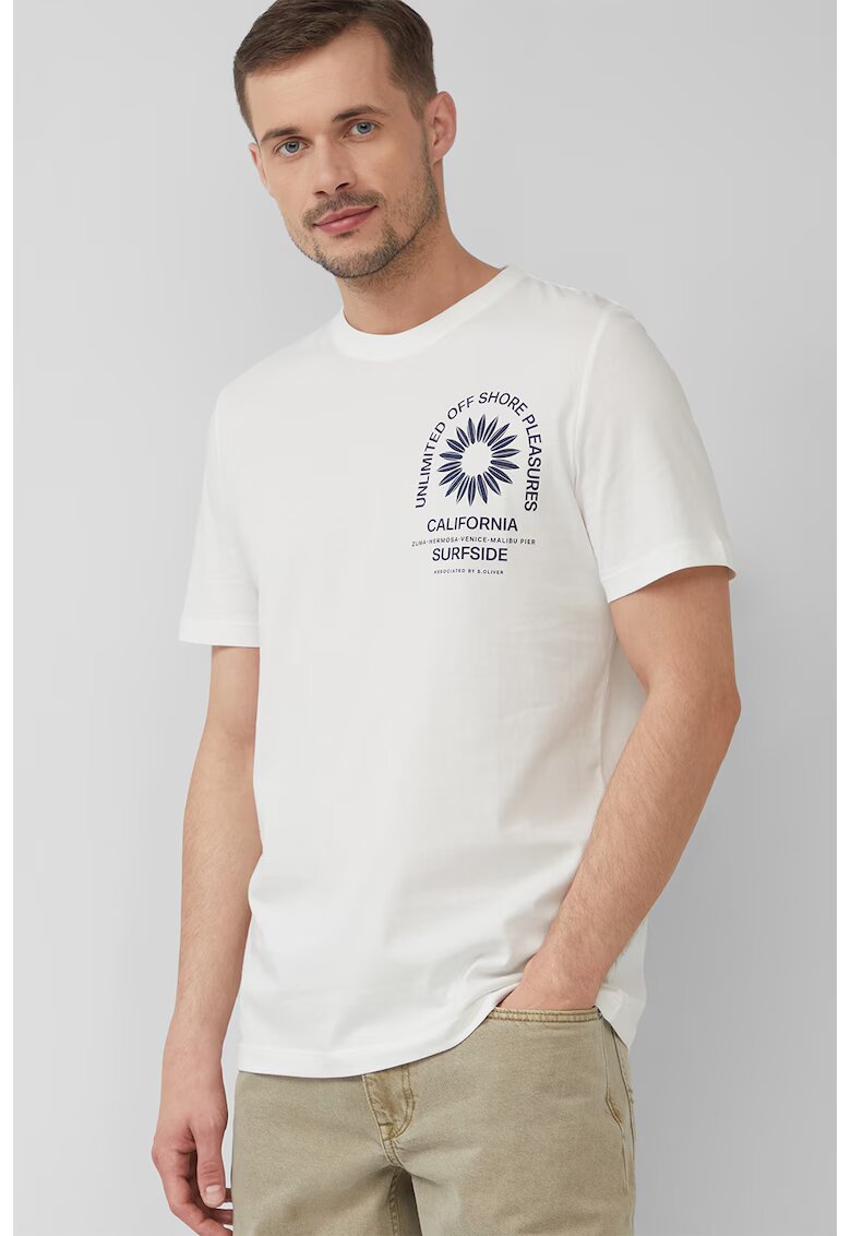 sOliver Tricou cu decolteu la baza gatului si imprimeu text - Albastru inchis/Alb murdar