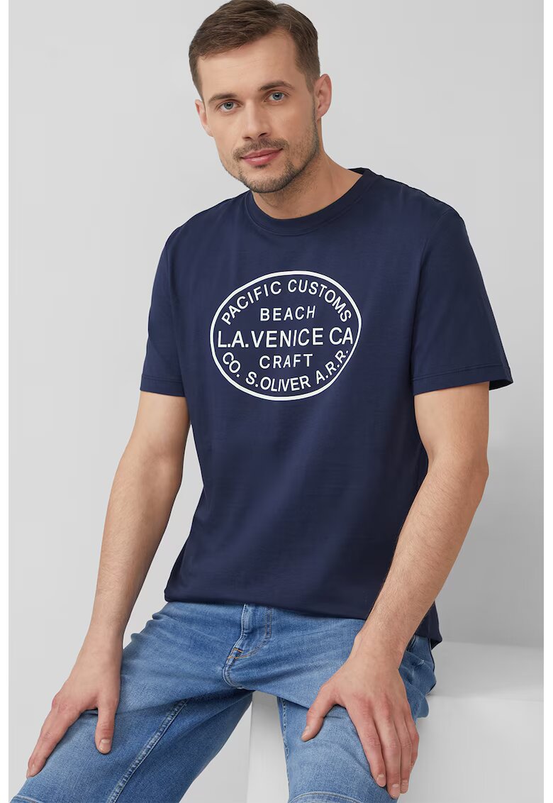 sOliver Tricou cu decolteu la baza gatului si imprimeu text - Albastru ultramarin/Alb murdar