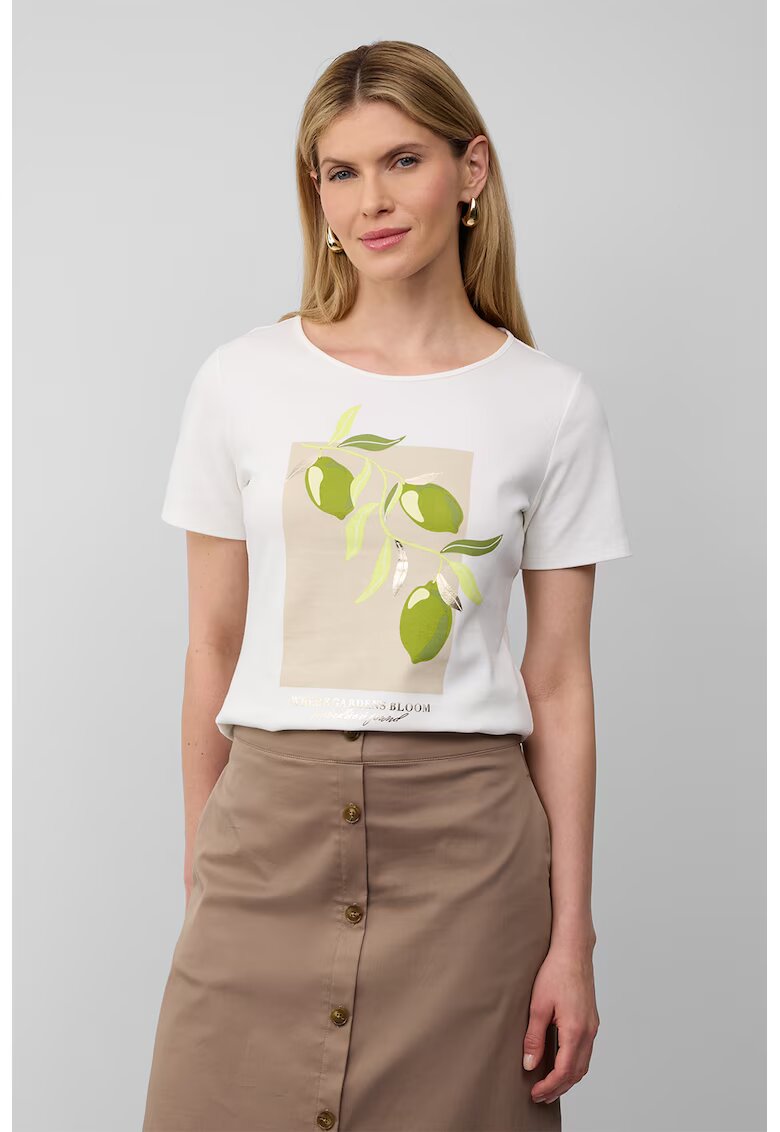 sOliver Tricou cu decolteu rotund si imprimeu frontal - Alb/Verde deschis