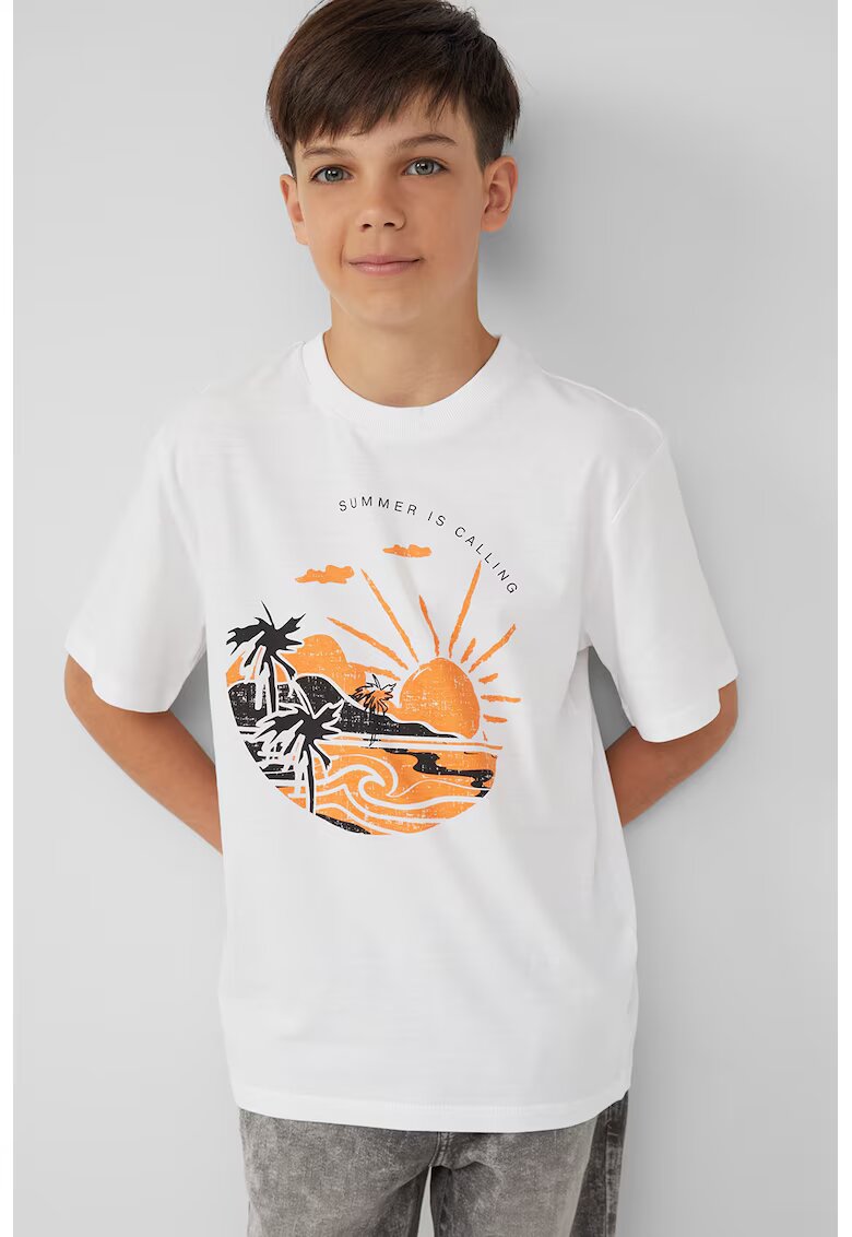sOliver Tricou cu imprimeu grafic si decolteu la baza gatului - Negru stins/Portocaliu pal/Alb optic
