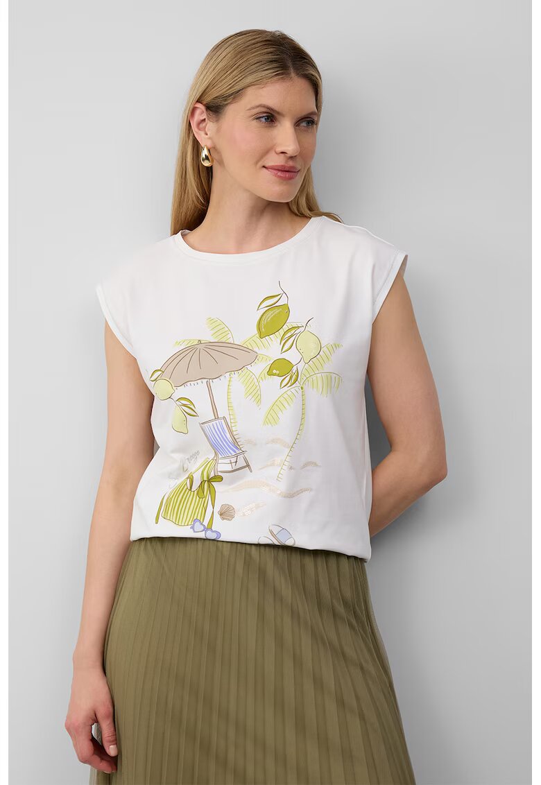 sOliver Tricou cu imprimeu si decolteu rotund - Alb/Verde masliniu