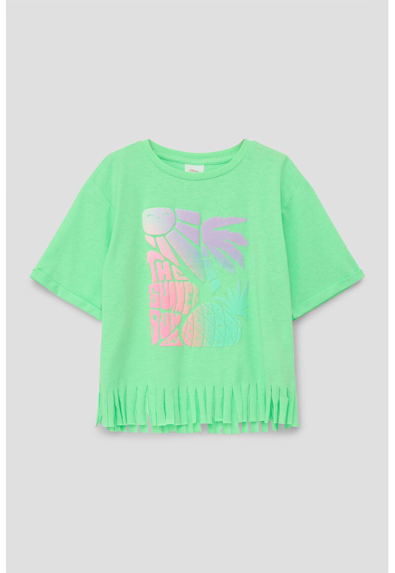 sOliver Tricou cu imprimeu si terminatie franjurata - Verde deschis