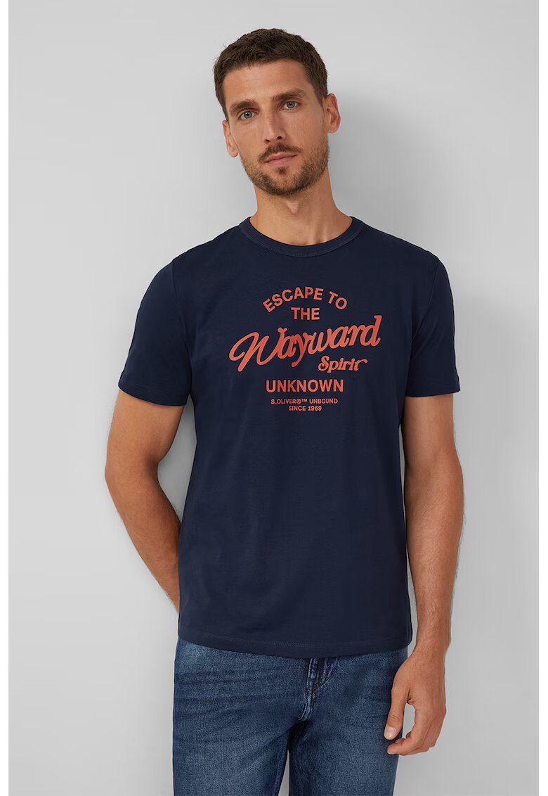 sOliver Tricou cu logo si decolteu la baza gatului - Coral/Bleumarin