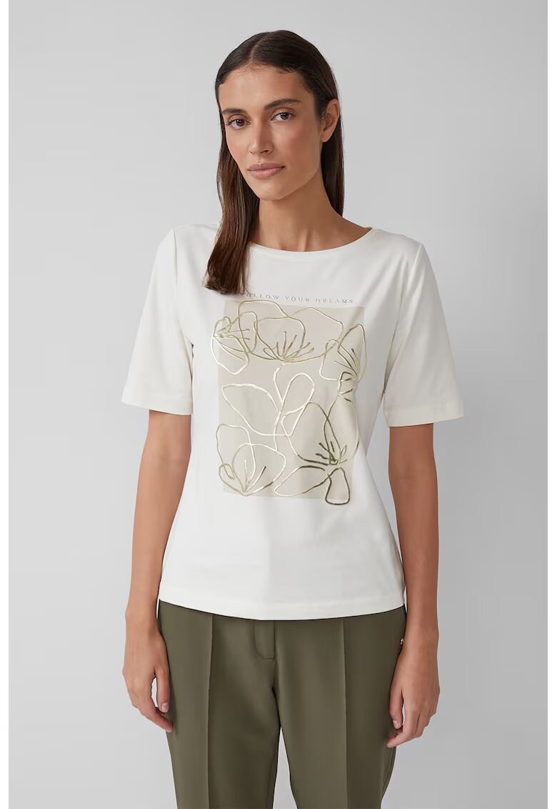 sOliver Tricou din amestec de bumbac cu model floral - Auriu/Alb murdar