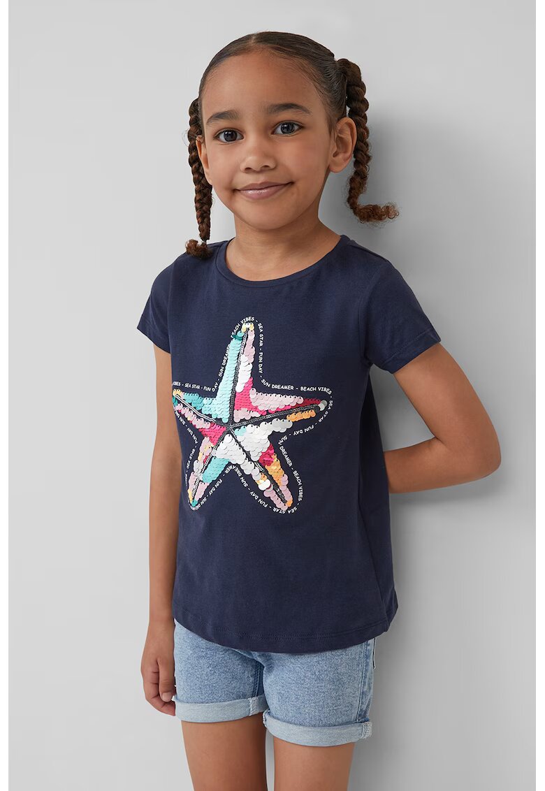 sOliver Tricou din bumbac cu aplicatii cu paiete - Roz pastel/Alb optic/Bleumarin