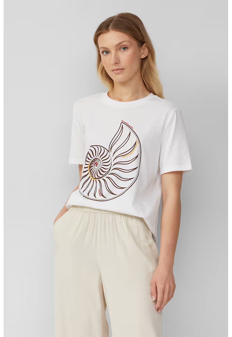 sOliver Tricou din bumbac cu imprimeu - Alb/Maro/Galben