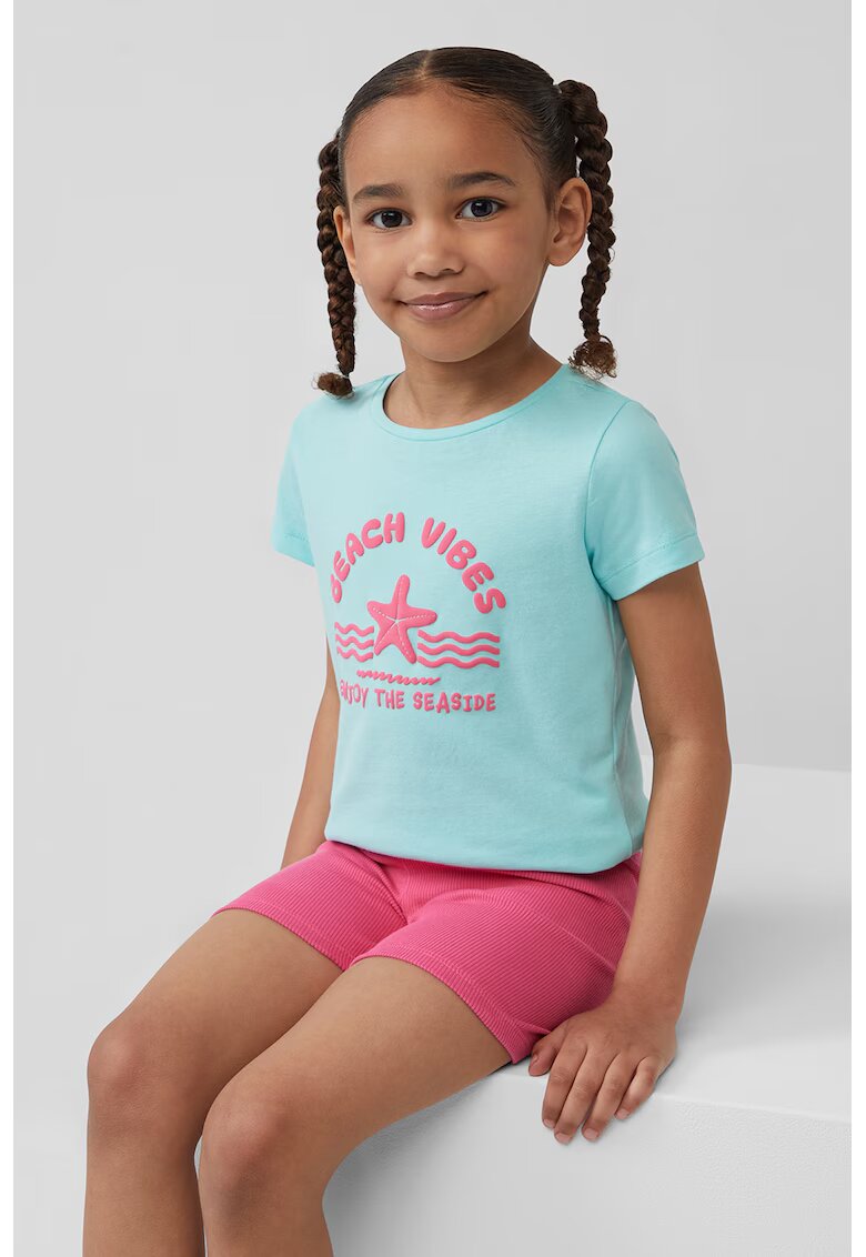 sOliver Tricou din bumbac cu imprimeu si decolteu rotund - Fucsia/Albastru glaciar