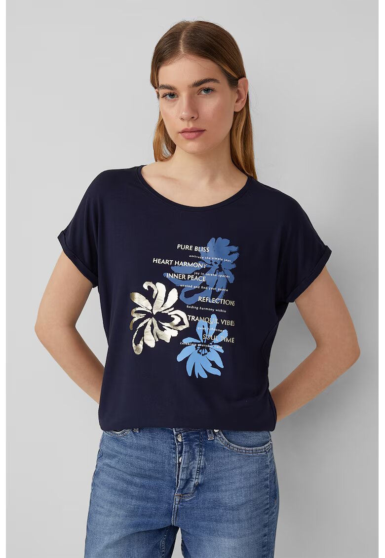 sOliver Tricou lejer cu decolteu rotund - Auriu/Albastru ultramarin