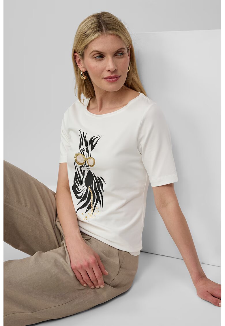 sOliver Tricou slim fit cu decolteu la baza gatului - Alb/Auriu/Negru