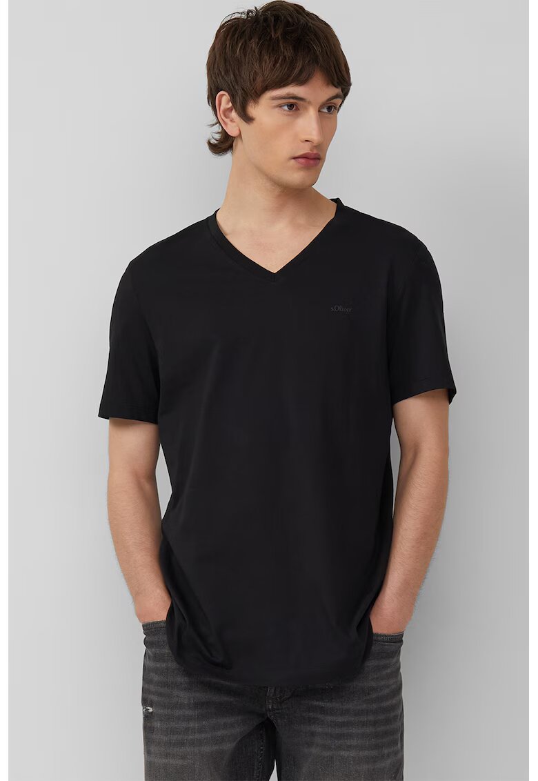 sOliver Tricou uni cu decolteu in V - Negru
