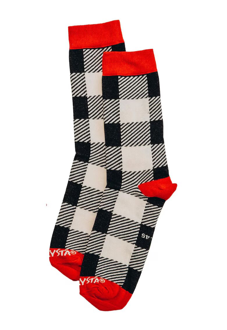  Sosete lungi unisex cu model in carouri - Rosu/Alb/Negru