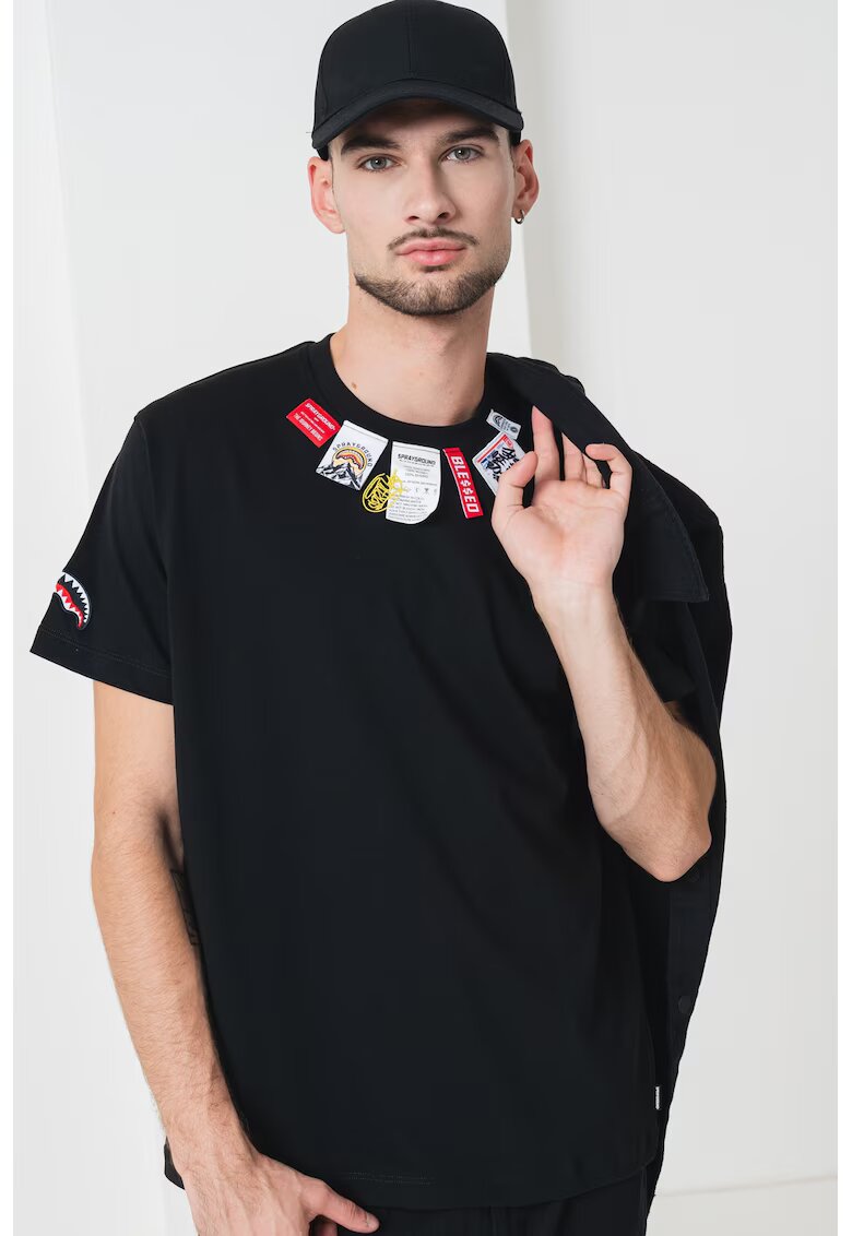 SPRAYGROUND Tricou de bumbac decorat cu etichete - Negru