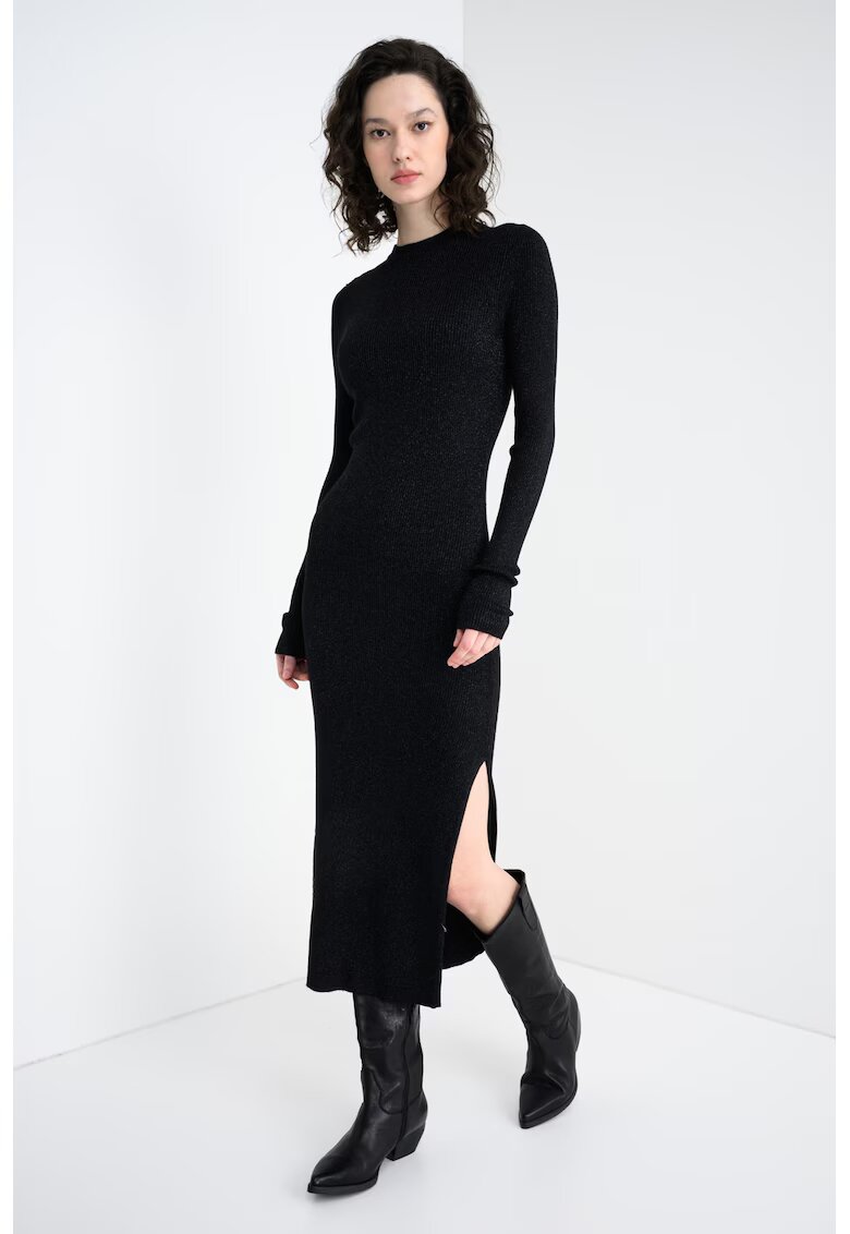 Stefanel Rochie midi cu slit lateral - maneci lungi si striatii - Negru/Argintiu