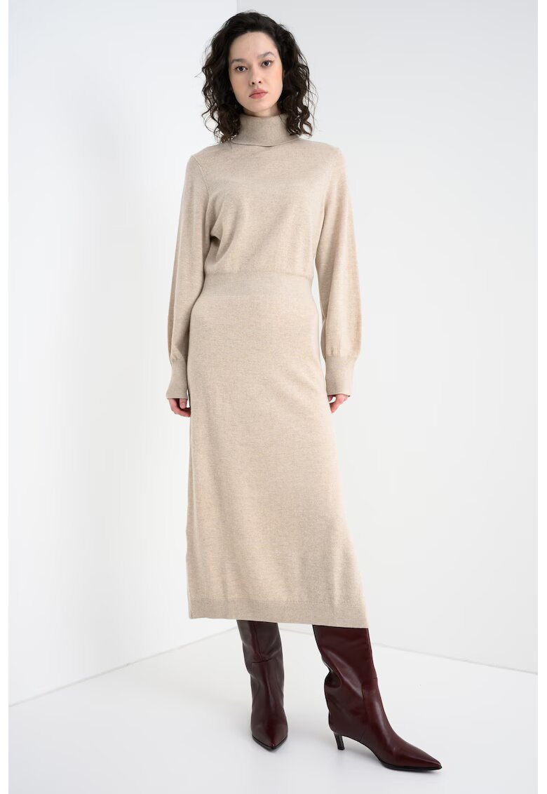 Stefanel Rochie tricotata fin de lana cu guler inalt si slit lateral - Bej melange