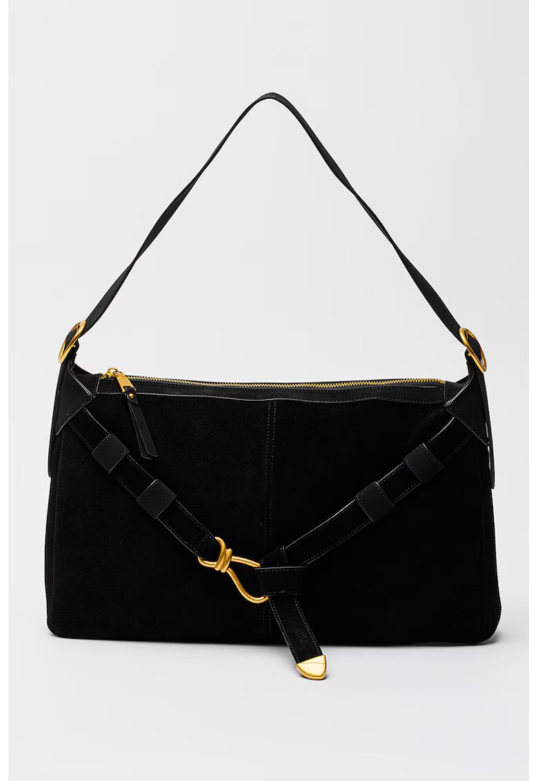 Steve Madden Geanta hobo de piele intoarsa cu bareta de decorativa Klarity - Negru