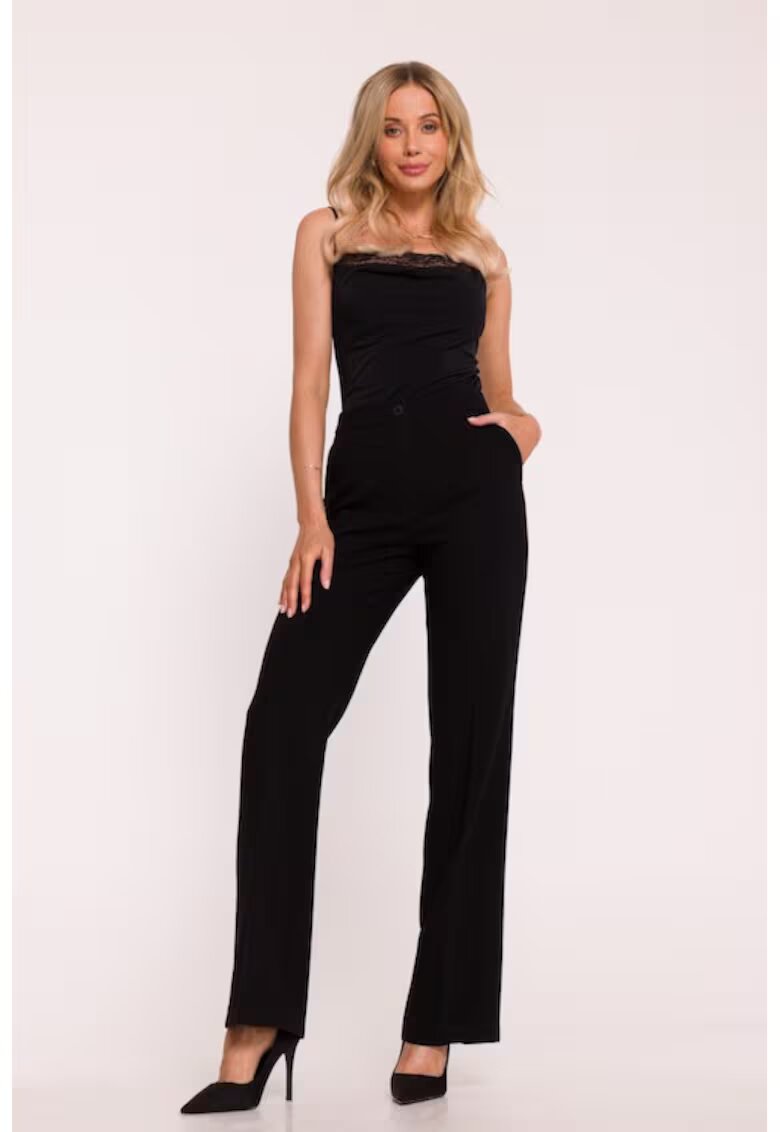 Stylove Pantaloni pentru femei - S418 Negru L - Pantaloni de costum - Talie medie - Picioare drepte - Buzunare laterale - Inchizatoare cu nasture si fermoar ascuns