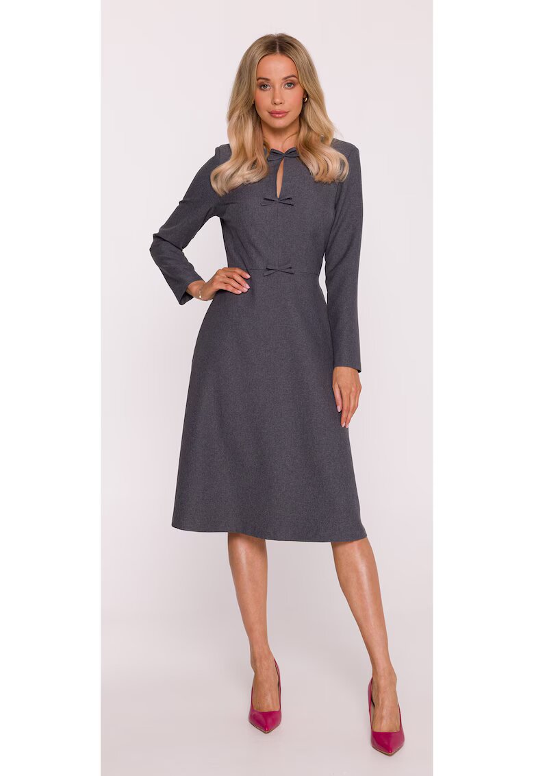 Stylove Rochie midi - S413 Gri decolteu semicircular - maneci lungi - crapaturi laterale - fonduri decorative - Poliester - Trapezoidala - Gri