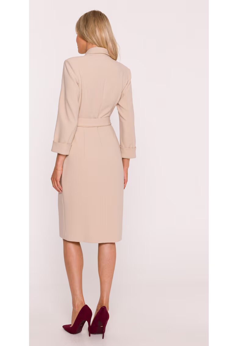 Stylove Rochie Midi S415 Beżowa Decolteu in V - Top mulat - Maneci 7/8 cu mansete - Talie cu curea - Bej
