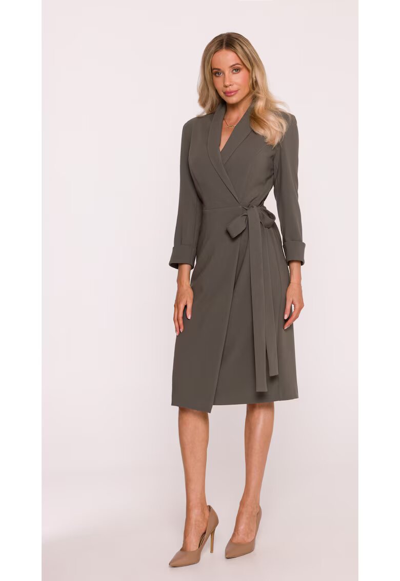 Stylove Rochie Midi - S415 Kaki Decolteu in V - Guler Sal - Maneci 7/8 - Legatura in talie - Material neted cu finisaj moale - Partial captusita - Stil infasurat - Kaki