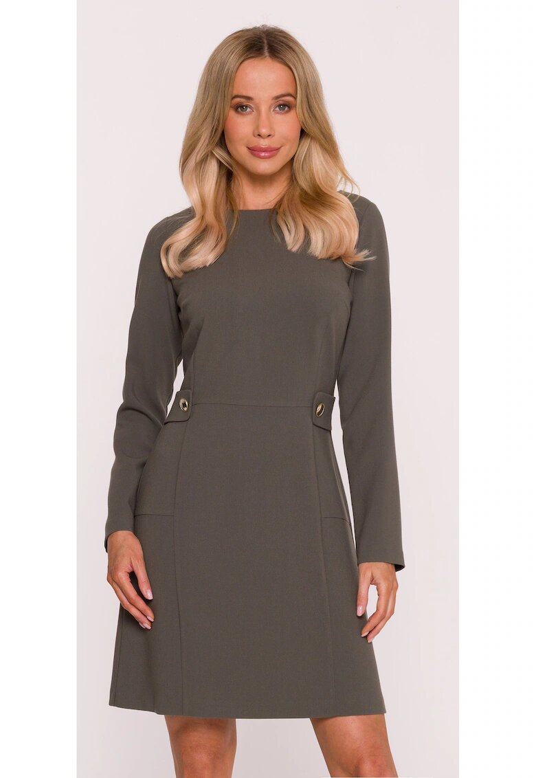 Stylove Rochie mini S419 kaki maneci lungi - decolteu rotund - bretele decorative in talie cu nasturi aurii - material neted cu finisaj moale - cu fermoar la spate - Kaki