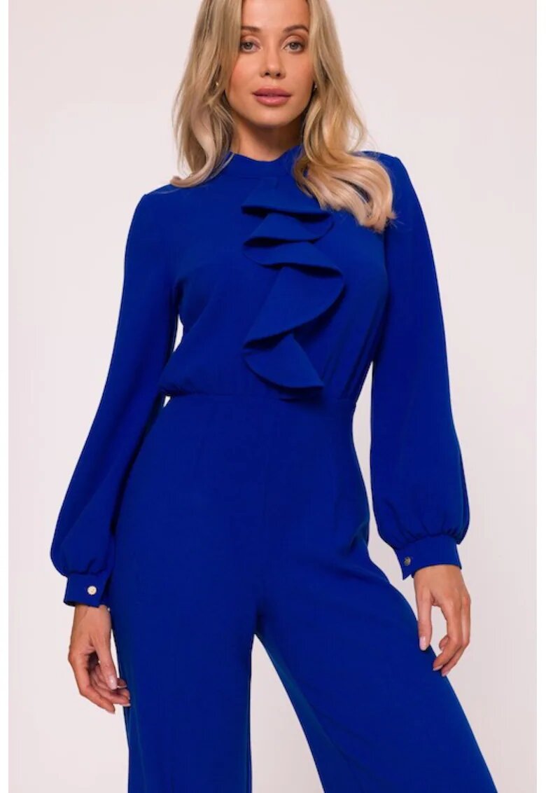 Stylove Salopeta eleganta - S420 albastru M - material neted cu finisaj moale - guler ridicat - maneci lungi bufante - fermoar ascuns