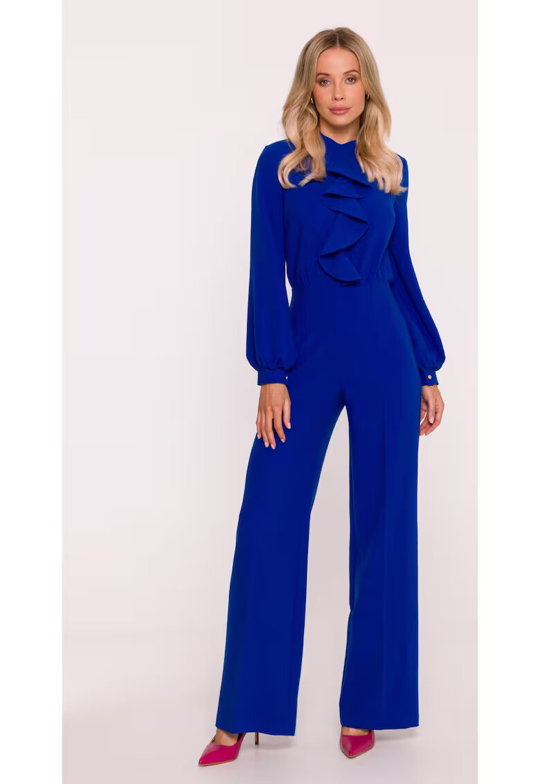 Stylove Salopeta eleganta - S420 albastru material neted cu finisaj moale - guler ridicat - maneci lungi bufante - fermoar ascuns - Albastru