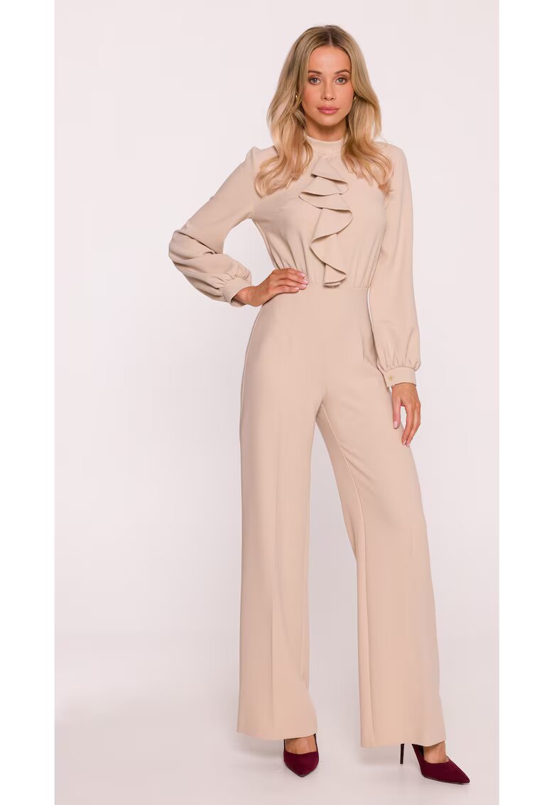 Stylove Salopeta eleganta - S420 Bej material neted cu finisaj moale - guler ridicat - maneci lungi bufante - fermoar ascuns - Bej