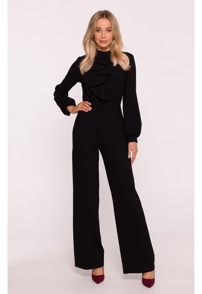 Stylove Salopeta eleganta - S420 Negru material neted cu finisaj moale - guler ridicat - maneci lungi bufante - fermoar ascuns - Negru
