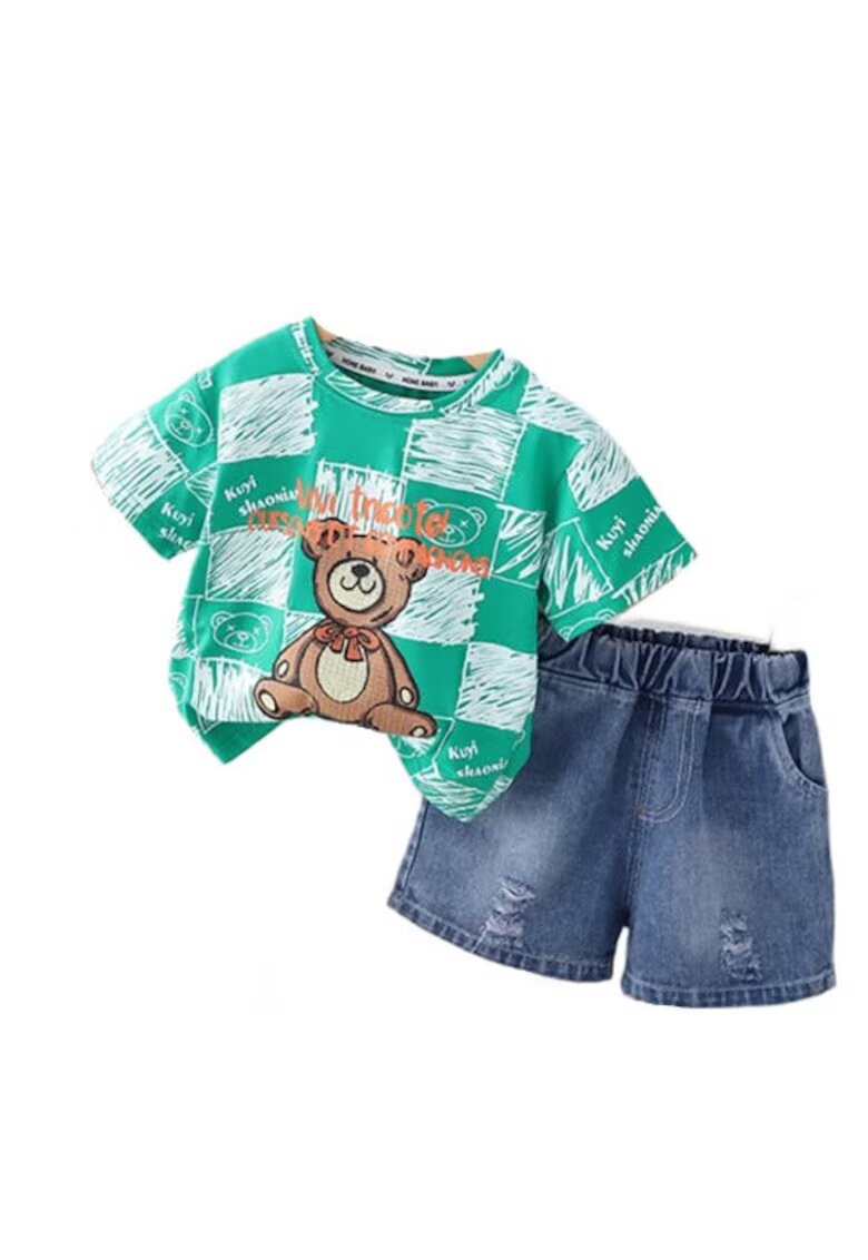 Superbaby Compleu Cu Tricou Si Blugi - Model Bear - Casual - Baieti - Maneca scurta - Alb/Verde