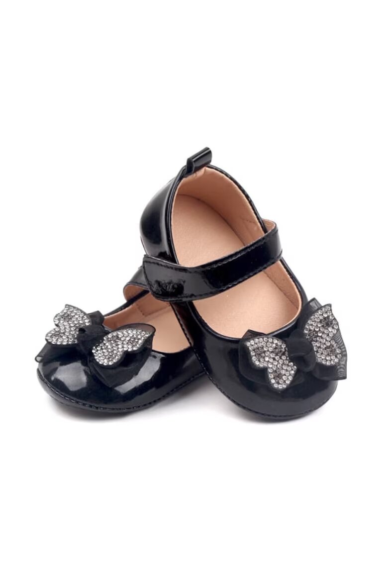 Superbaby Pantofi Cu Fundita Cu Strasuri - Elegant - Piele lacuita - Fete - Velcro - Negru