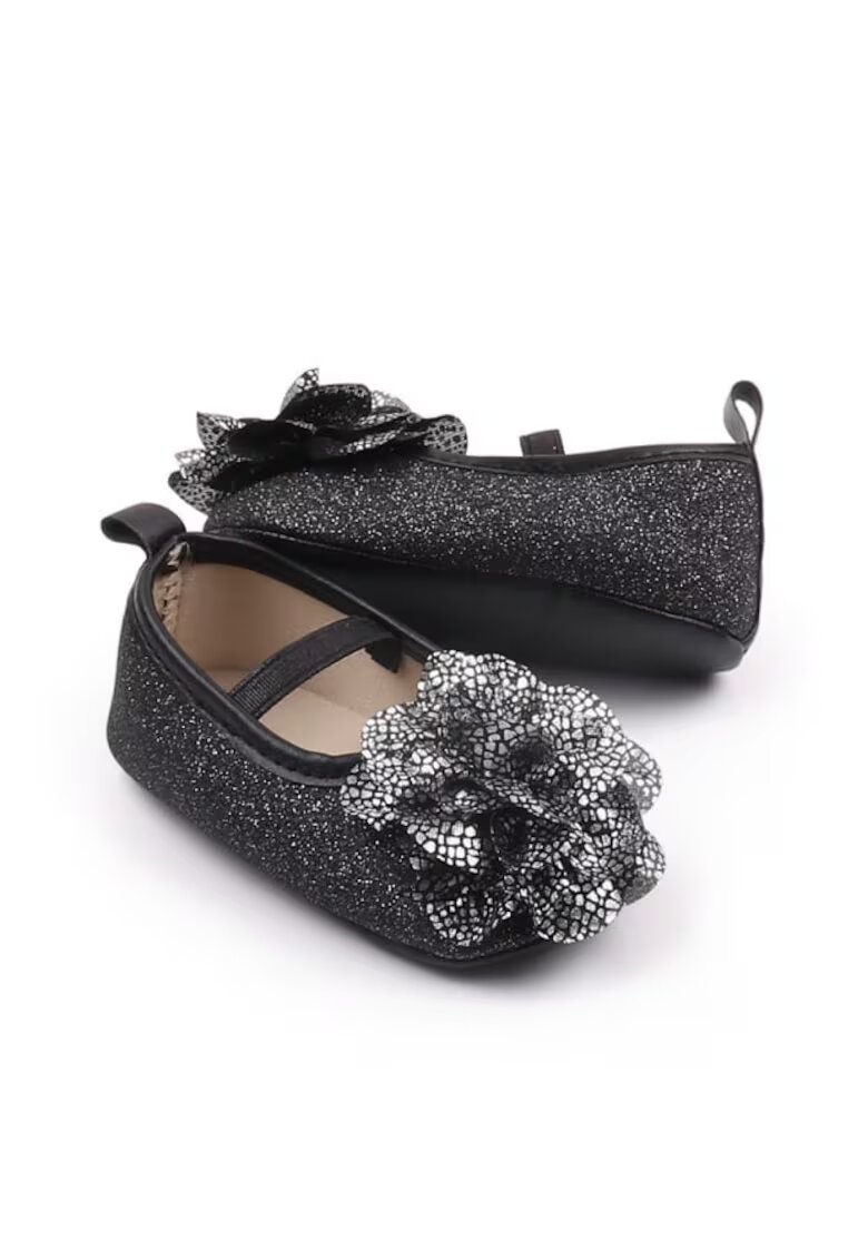 Superbaby Pantofi Eleganti - Cu Sclipici Si Floare Argintie - Piele ecologica - Fete - Banda elastica - Negru