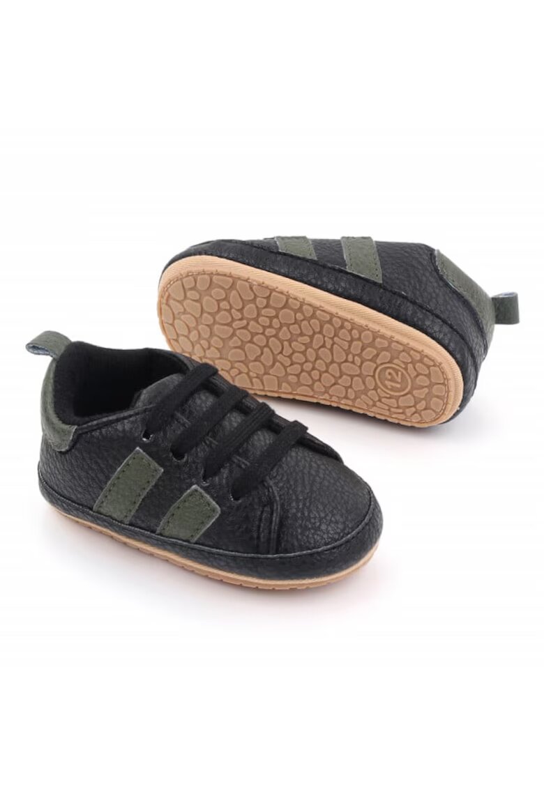 Superbaby Pantofi Model AL 20248 cu dungi laterale - Piele ecologica - Pentru bebelusi - Baieti - Negru - Negru