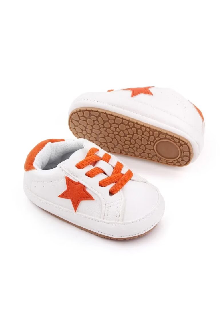 Superbaby Pantofi Sport Cu Steluta Portocalie - Piele ecologica - Fete - Velcro - Alb - Alb